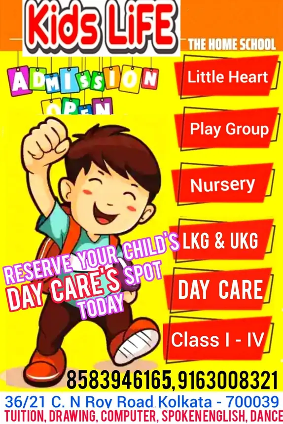 Kids Life School admission notice — Little Heart, Play Group, Nursery, LKG, UKG, Day Care, Class I–IV