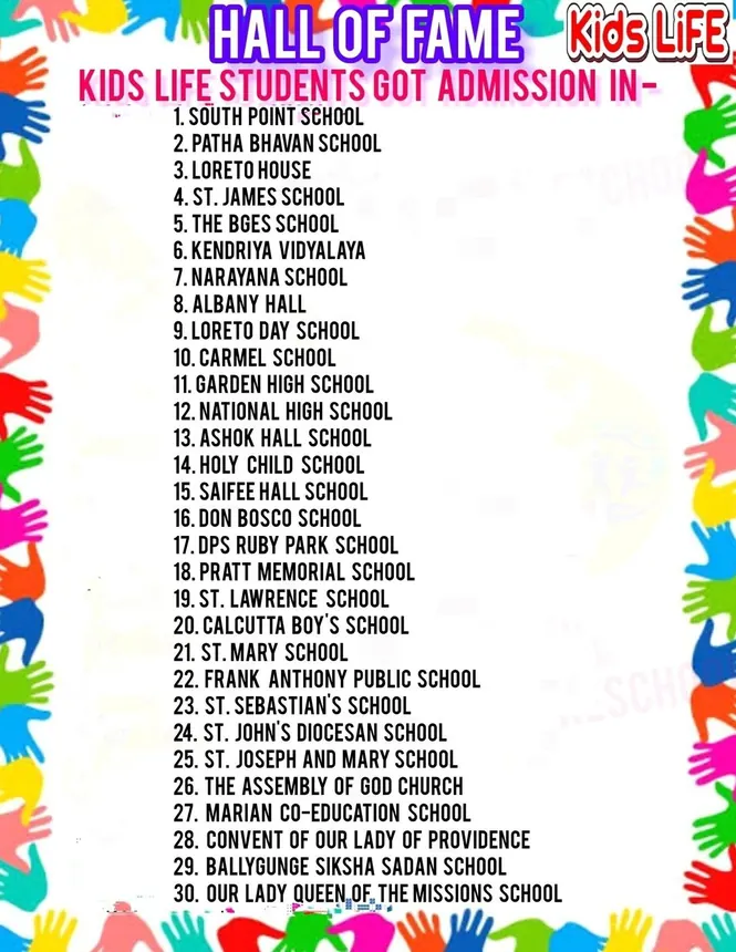 Kids Life School official Hall of Fame poster listing 30 top Kolkata schools