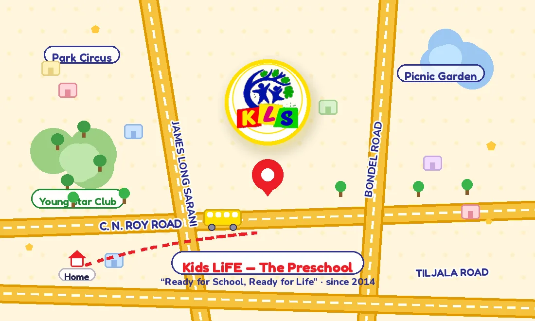 Illustrated map — Kids Life School, 36/21 C.N. Roy Road, near Young Star Club, Tiljala